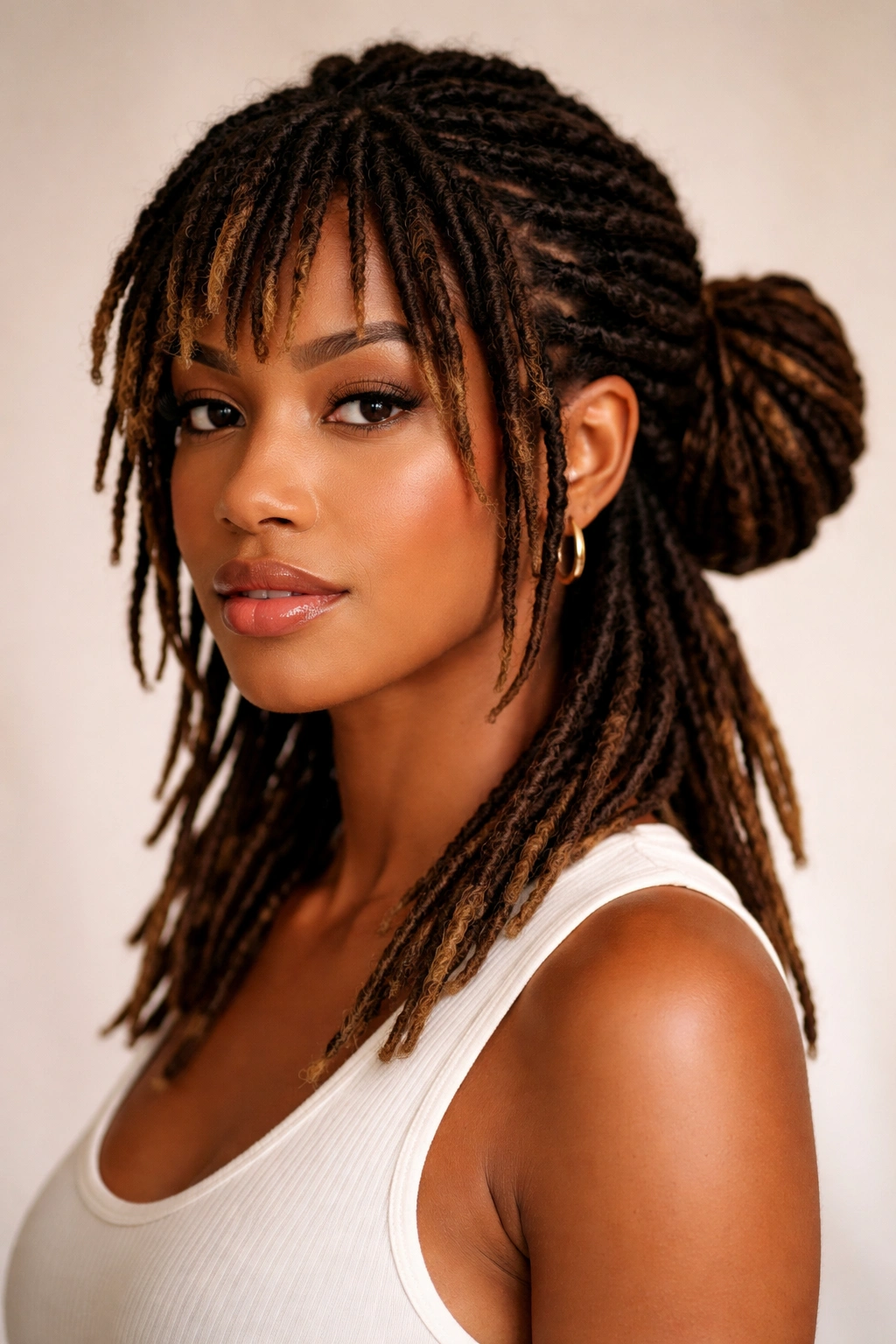 10 Mullet Loc Styles That Look Absolutely Stunning 3 Portrait of a mullet loc with a low bun at the nape and front locs styled