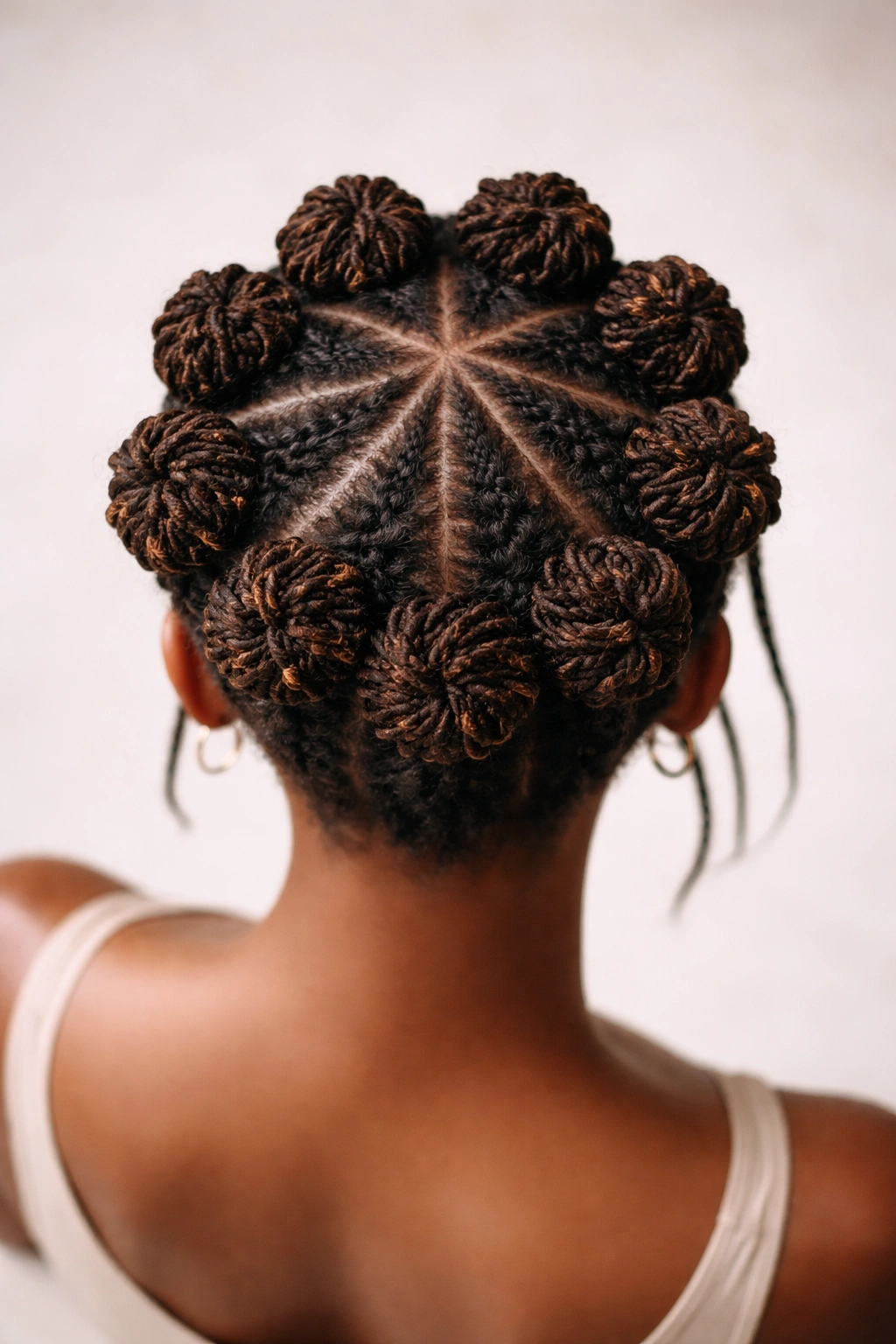 Top-down view of locs arranged into a circular crown around the head