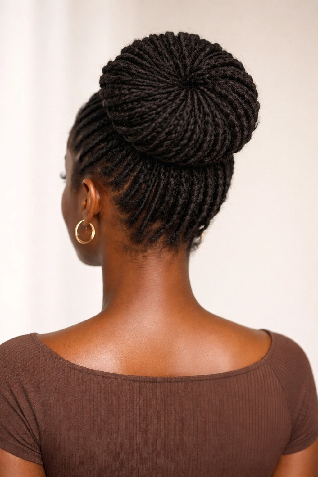 Back view of locs formed into a rounded crown bun with visible texture