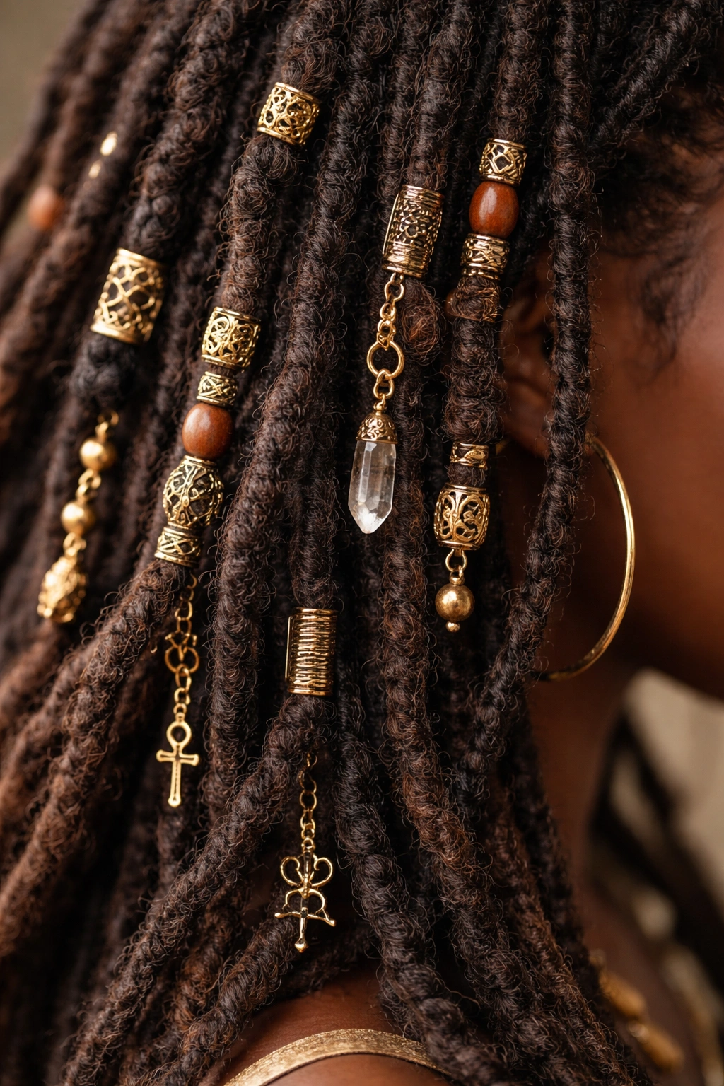 25 Natural Hairstyles Black Women Are Rocking Now 22 Close-up of locs adorned with beads and cuffs
