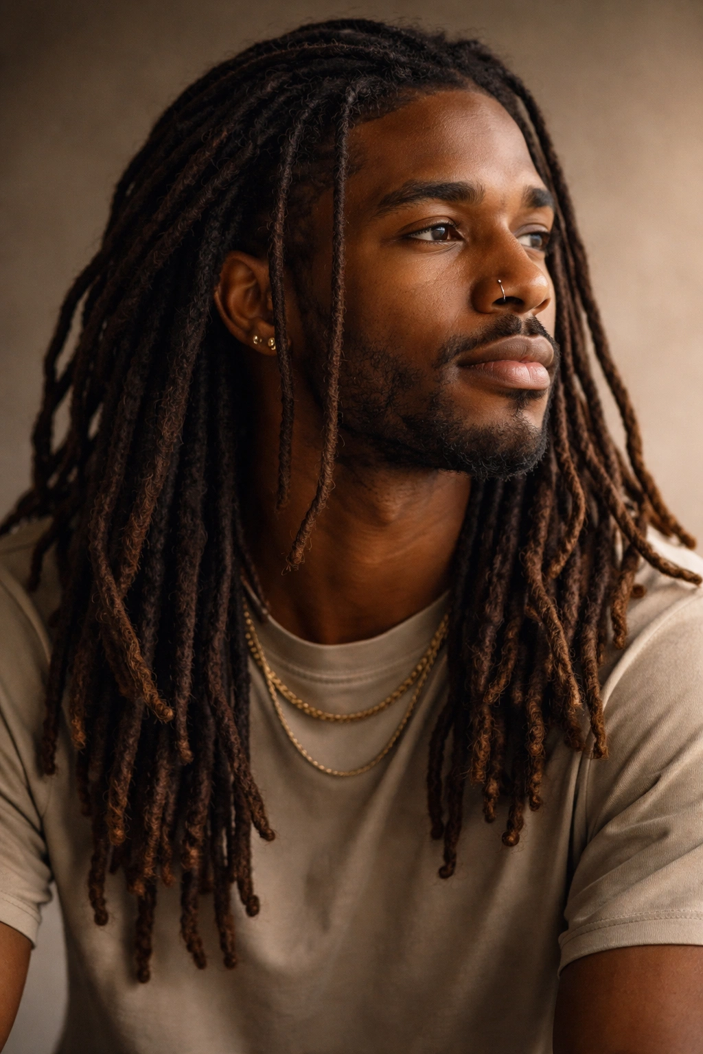 Person with long mature locs in warm light reflecting on the journey