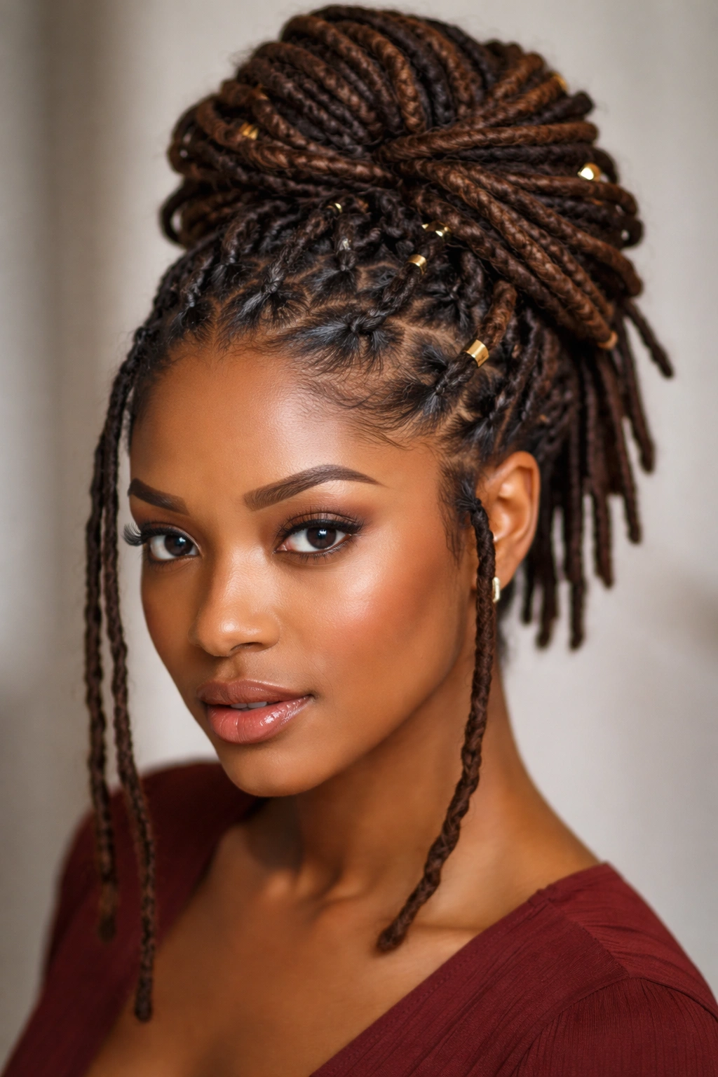 Medium-length locs styled into sculptural updo with crown pattern.