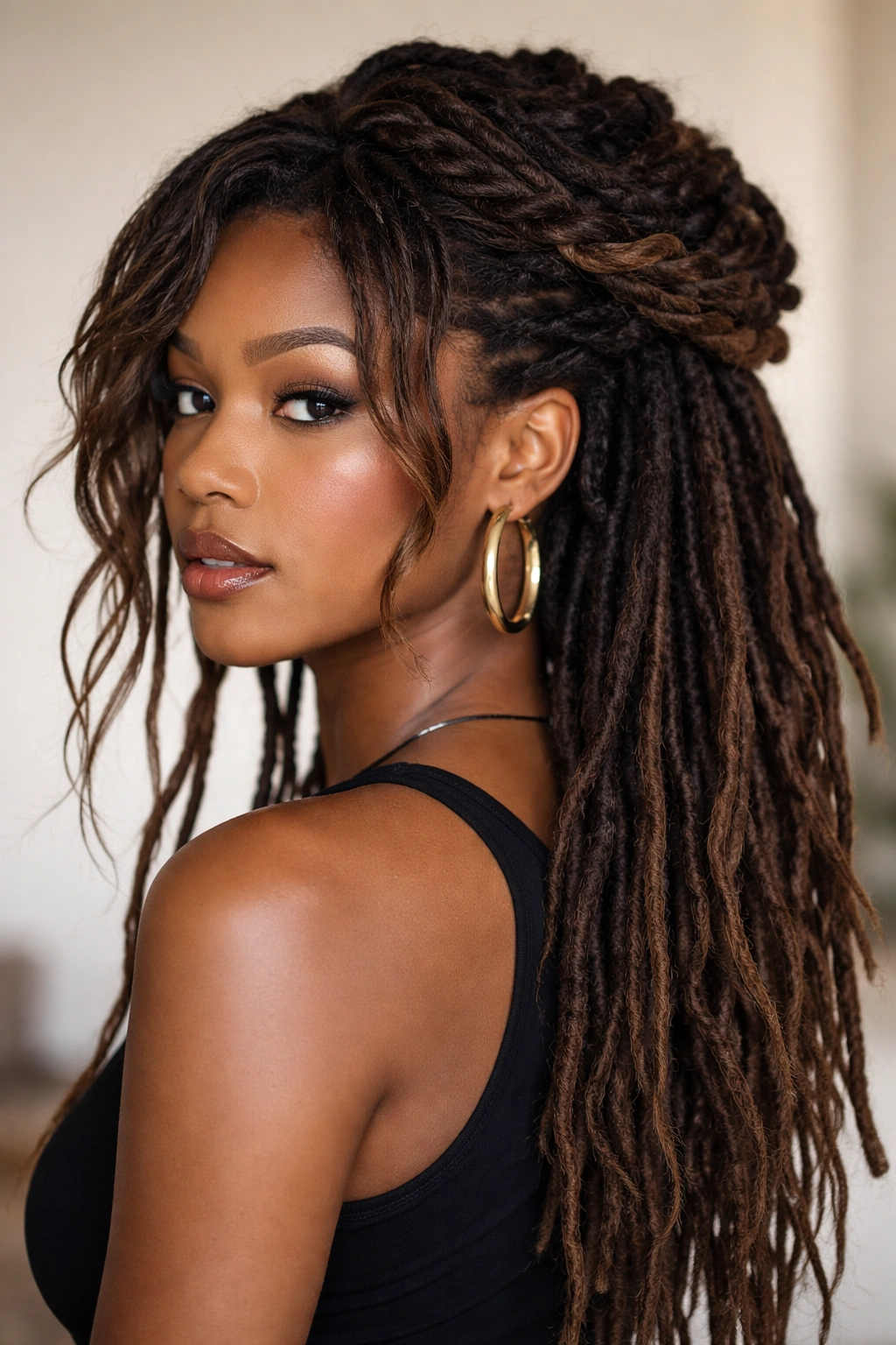10 Mullet Loc Styles That Look Absolutely Stunning 7 Close up of an elaborate loc updo with crown braid and loose front mullet