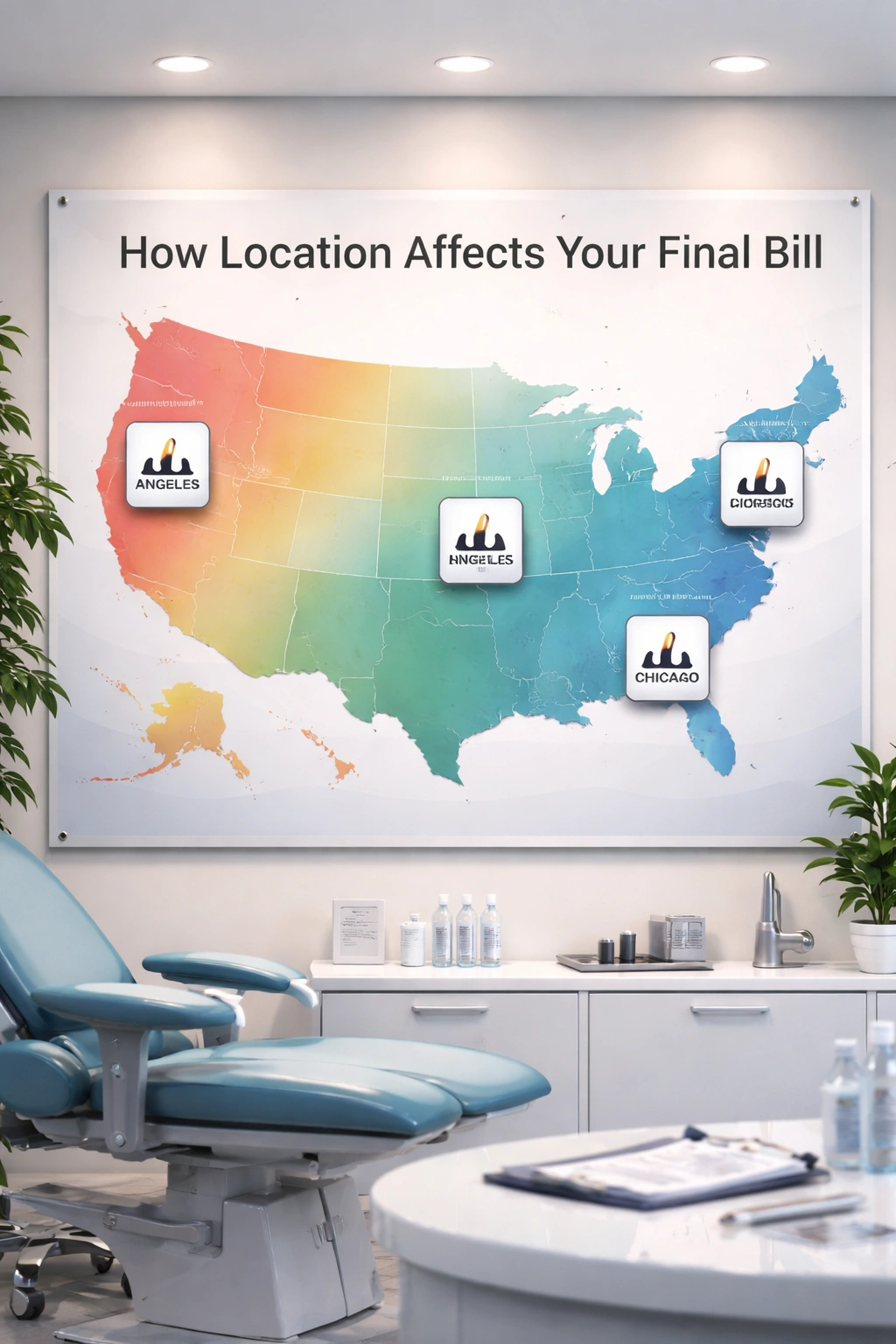 Stylized map showing location-based price differences for hair transplants.