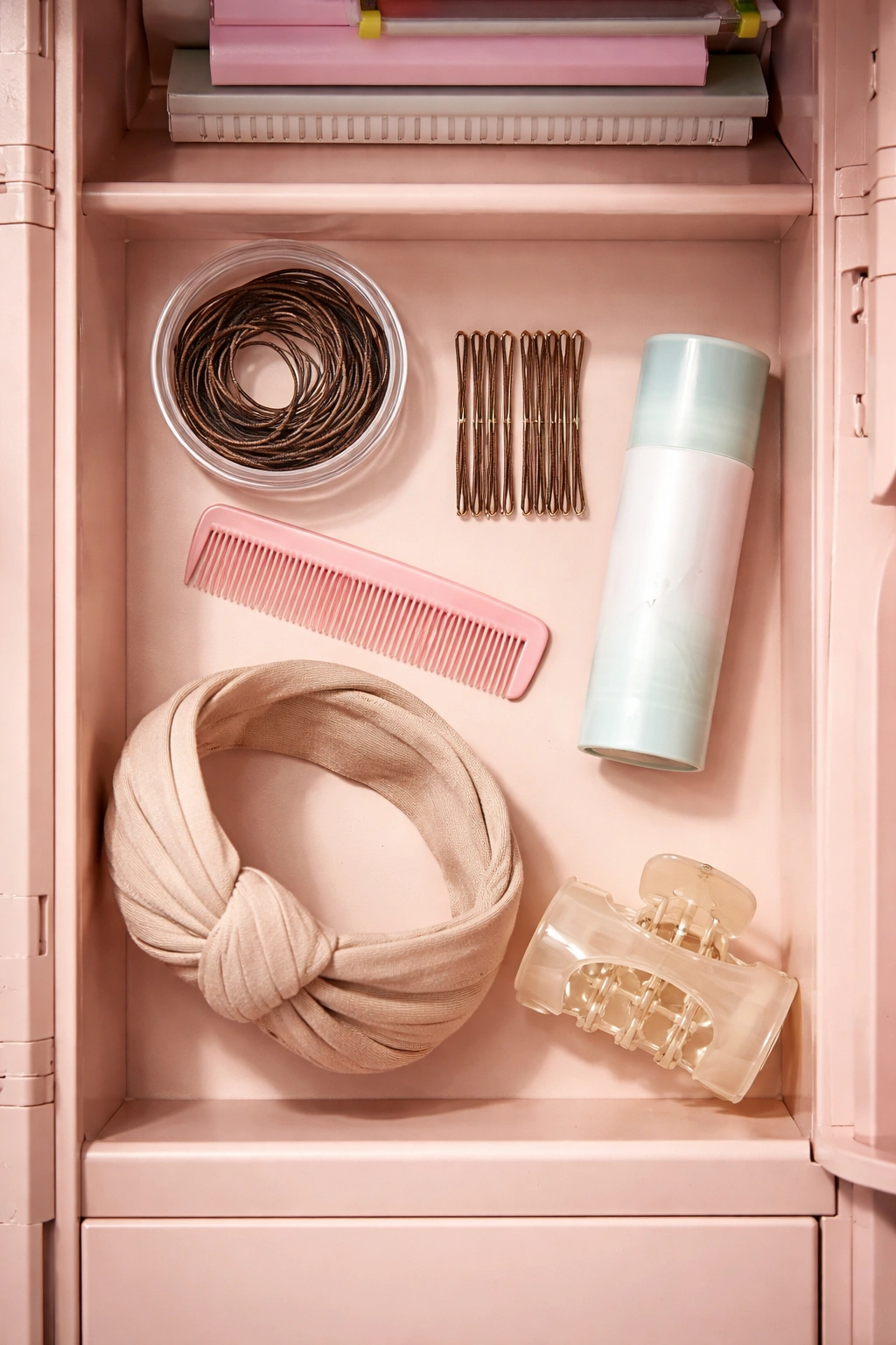 Locker-ready hair tools neatly arranged: elastics pins comb dry shampoo headband clip
