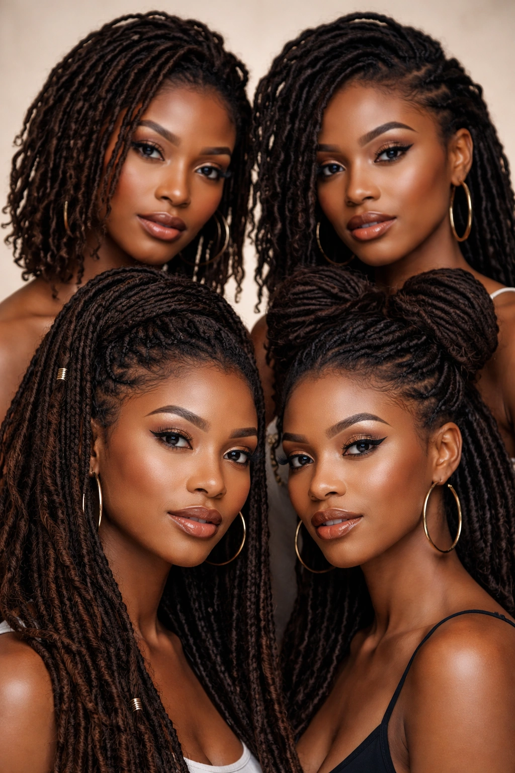 Close-up of mixed-length locs on a person's head in a studio portrait