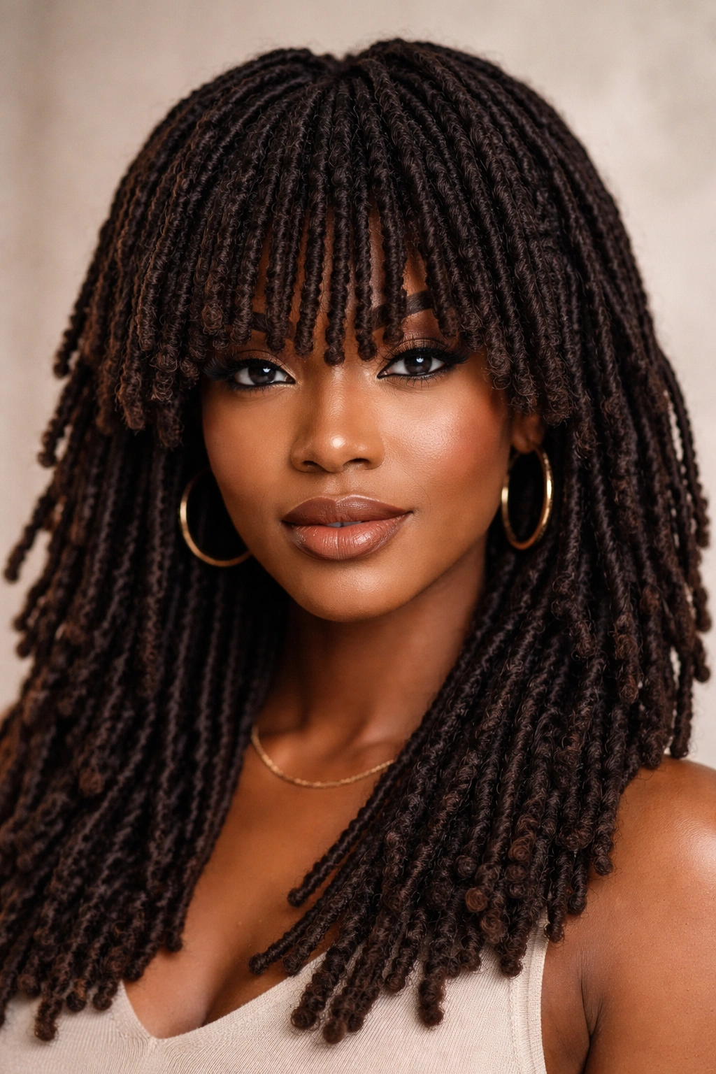 Dense locs forming face-framing bangs