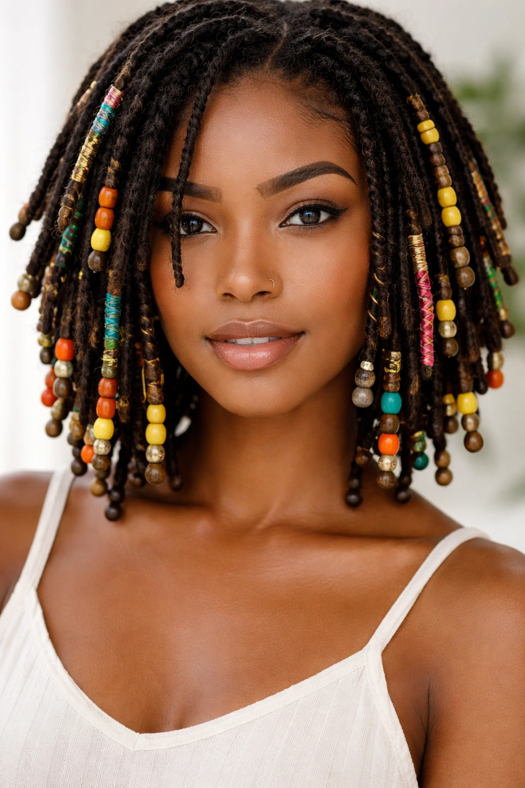 Chin-length locs with colorful beads and wraps on tips