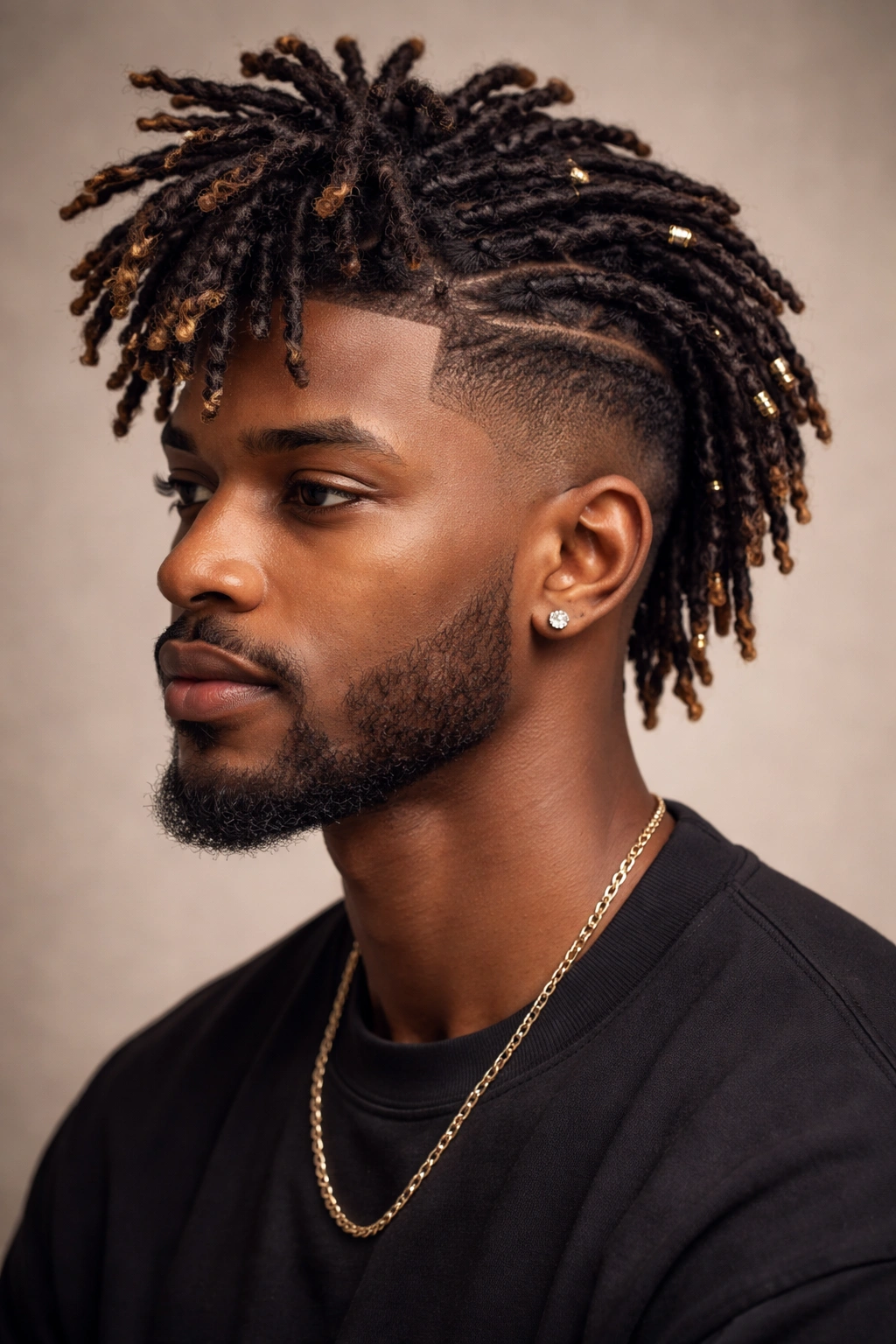 Close-up of a man's locs blending freeform, twist styles, and a fade with colored tips