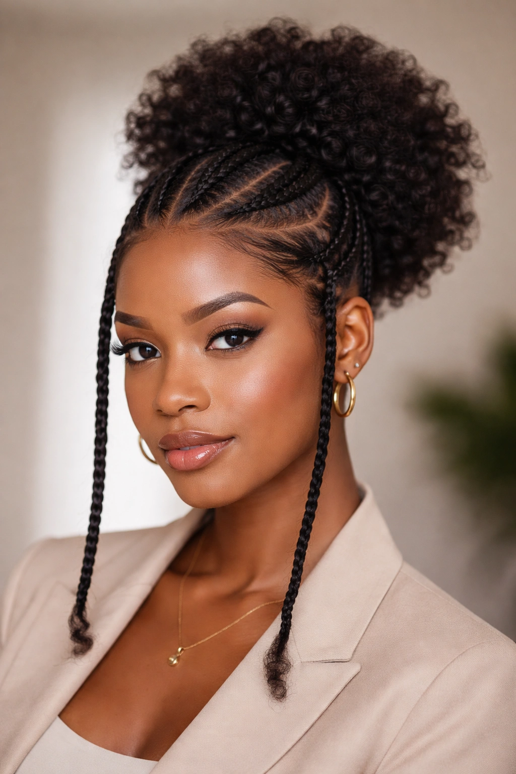 Two side braids framing the face with a back puff