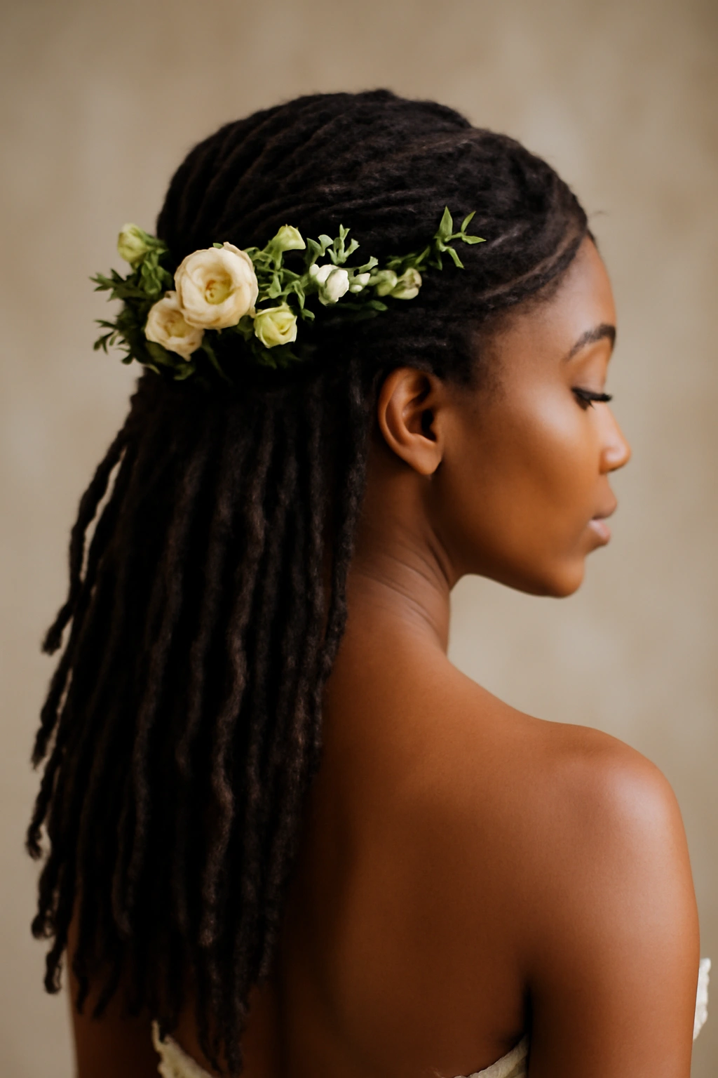 12 Stunning Bridal Hairstyles for Black Women 11 Half-up locs with fresh flowers woven through the gathered section