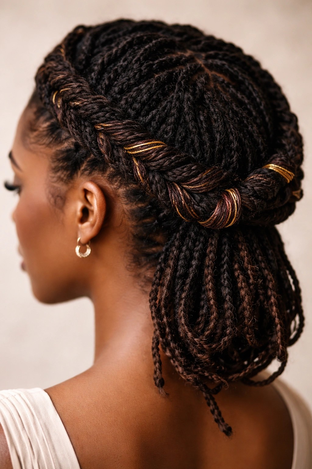 Close-up of a crown of locs with wrapped ends showcasing texture