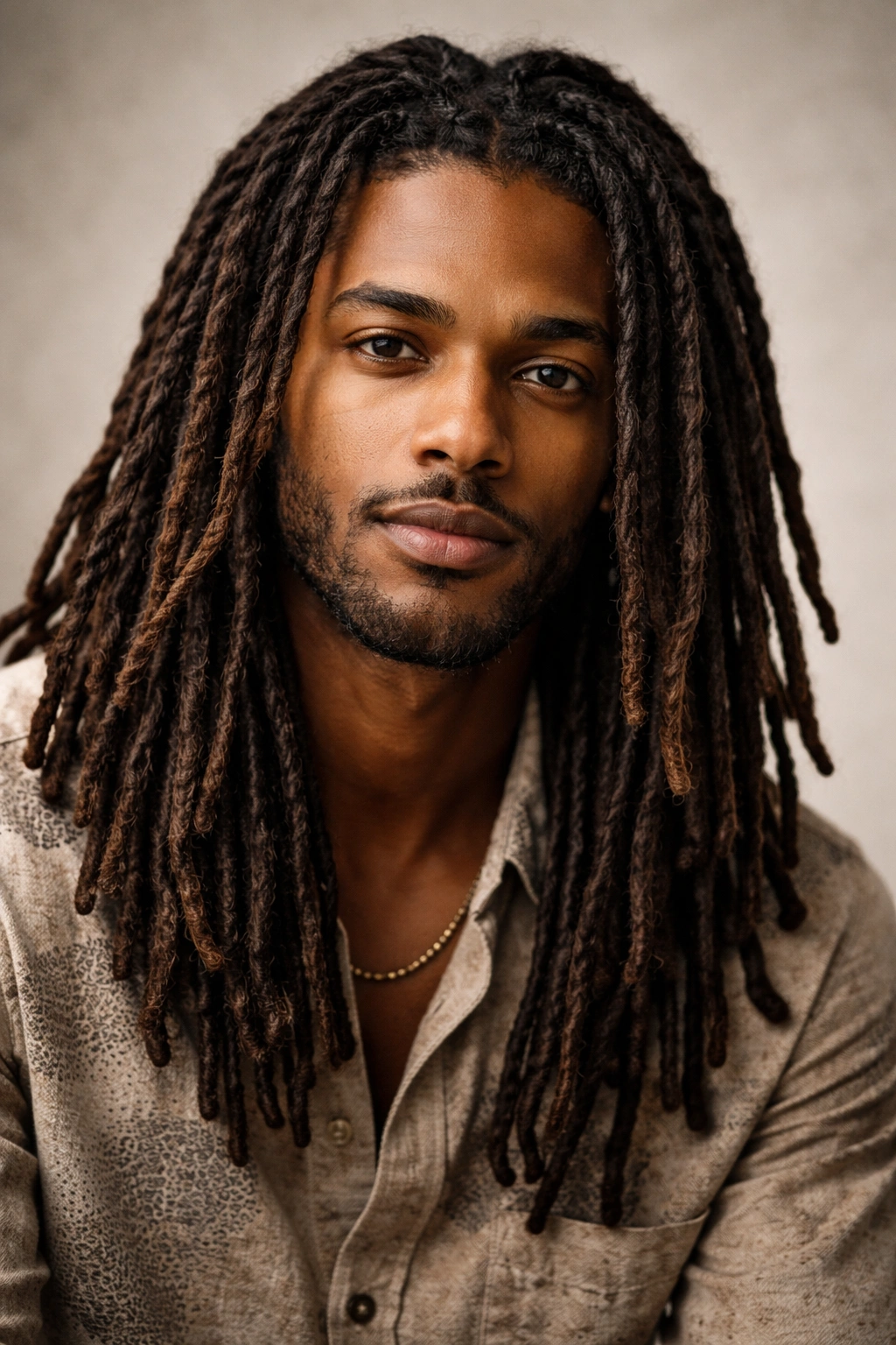 Head-and-shoulders portrait of locs with textured dreadlocks