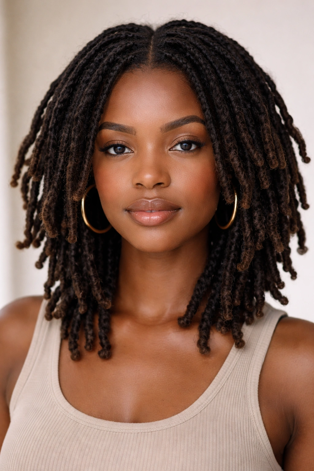 Head with locs in freeform or deliberate style, close-up.