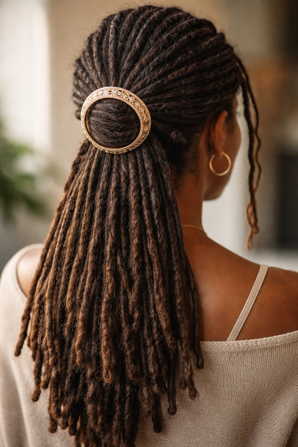 15 Dreadlock Styles For Women At Every Length 14 Back view of dreadlocks pulled through a large decorative hair ring at the back of the head