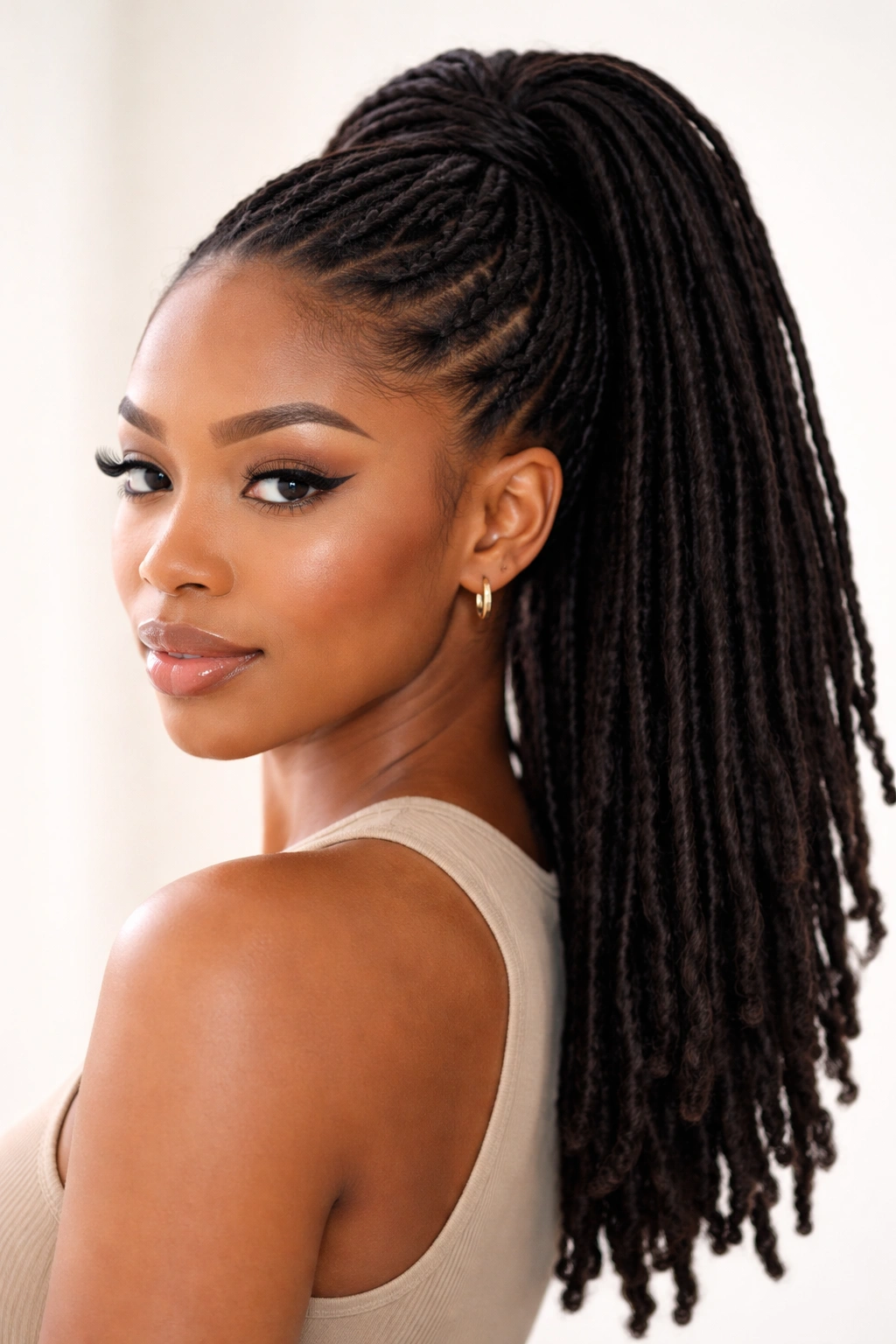Glossy locs styled into a high ponytail with smooth texture