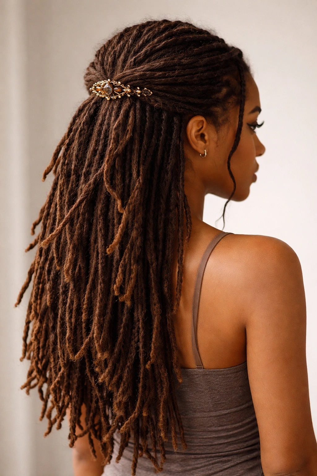 15 Dreadlock Styles For Women At Every Length 6 Half-up dreadlocks pinned with a clip