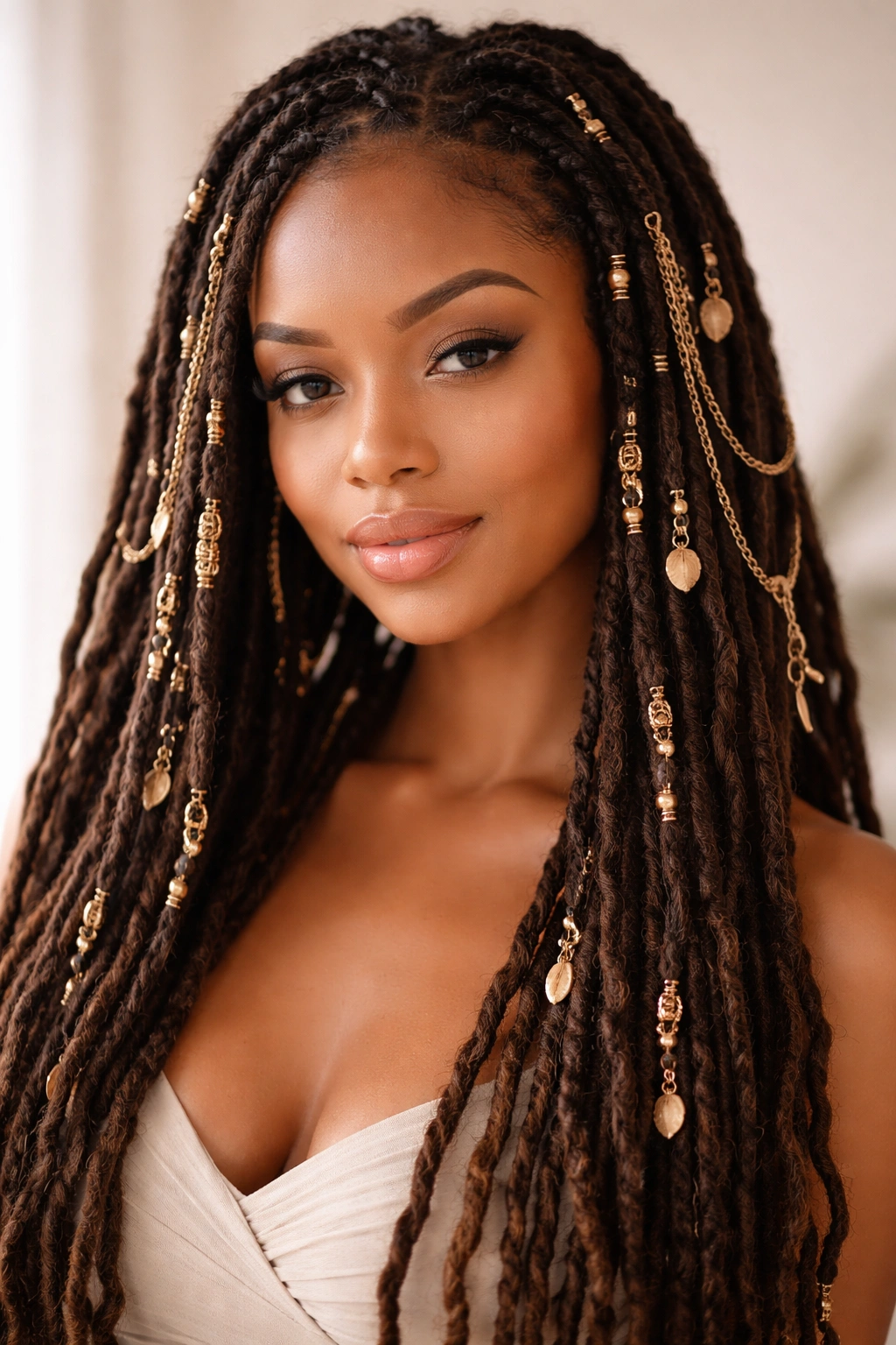 20 Dreadlock Styles For Women At Every Hair Length 19 Close-up of locs woven with beads and chains, highlighting jewelry adornments