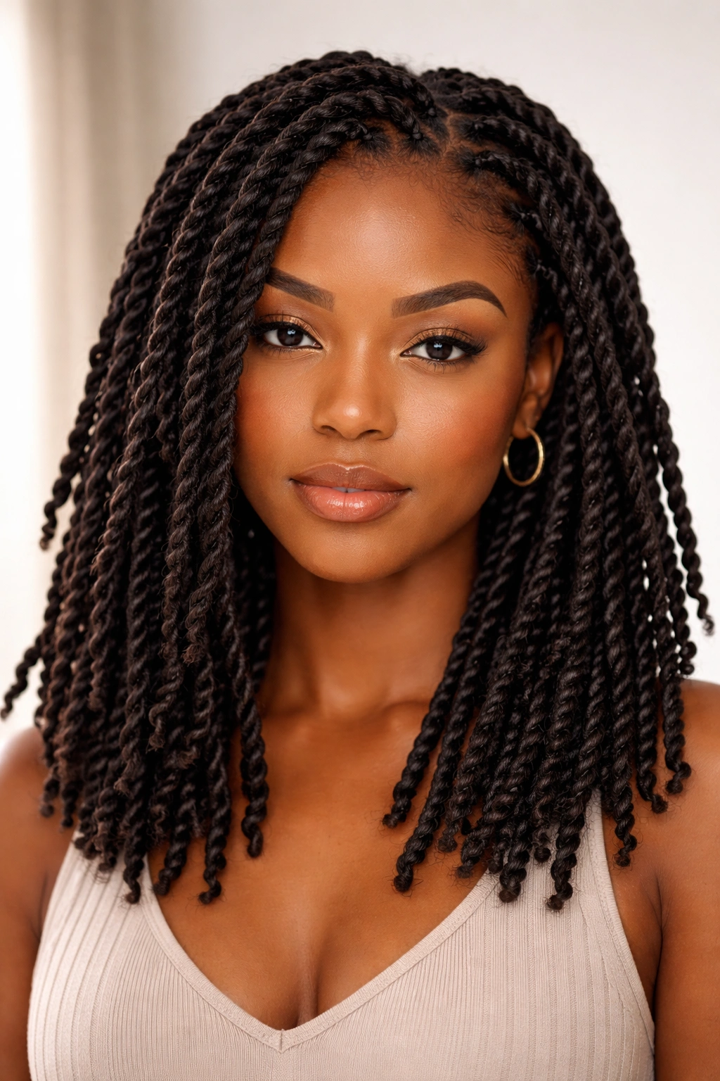Head-on view of loc-like twists in coily hair with defined texture.