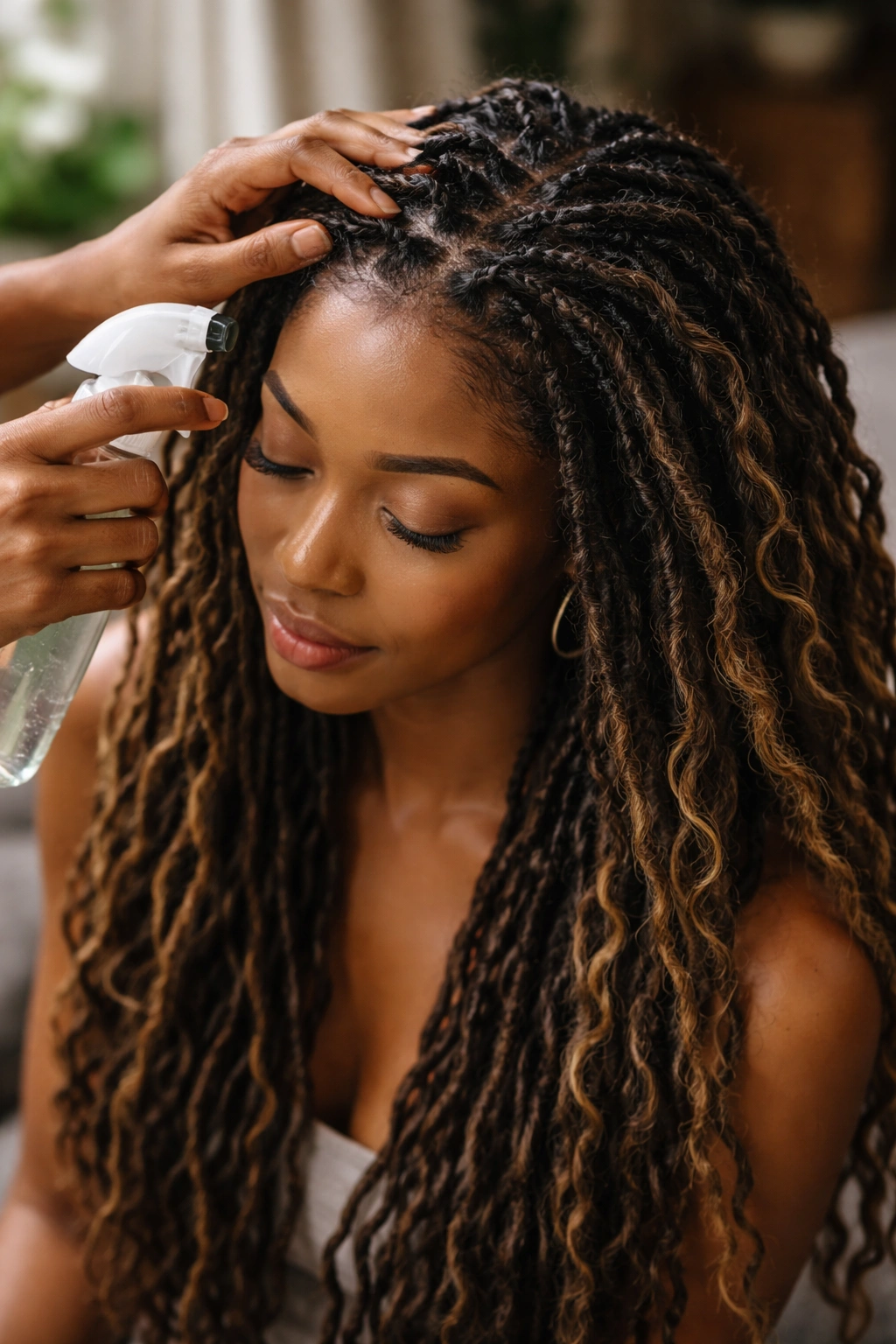 8 Goddess Loc Styles For Medium And Long Hair 10 Close-up of goddess locs being moisturized to maintain health between styles