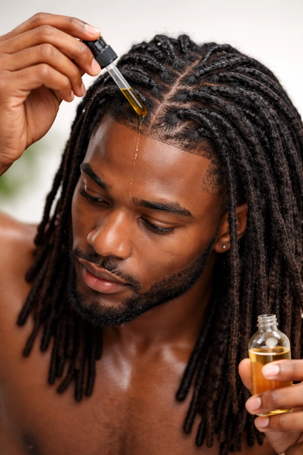 Person applying oil to locs for maintenance and health