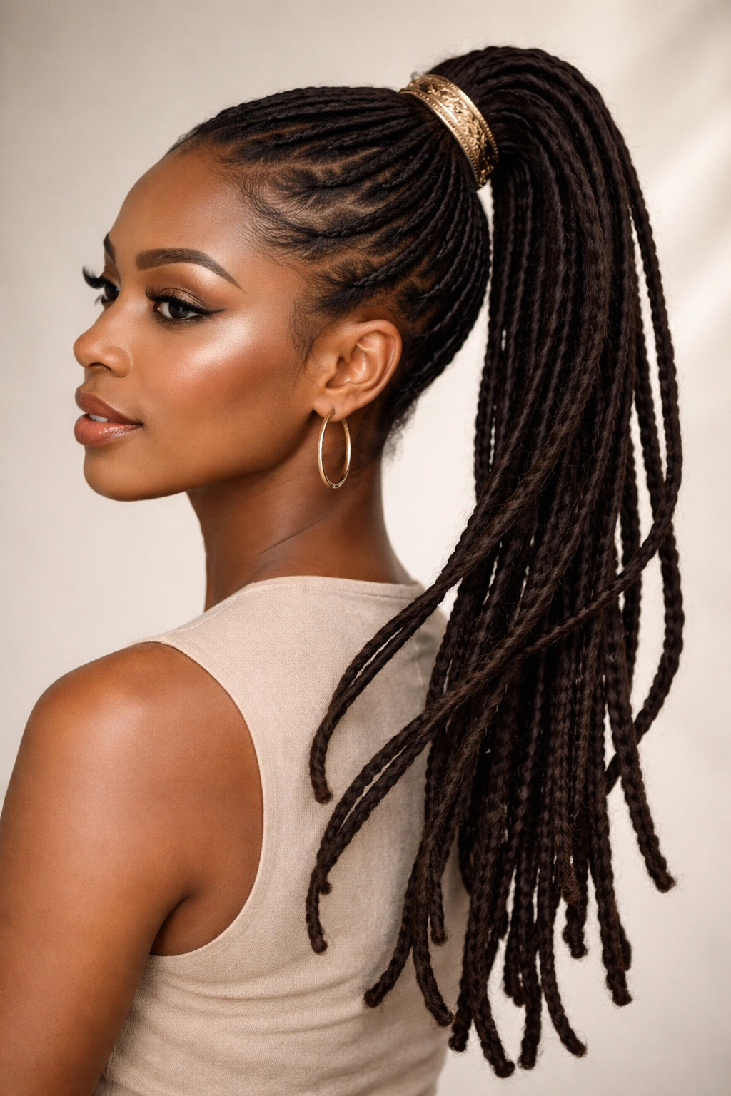 High ponytail with wrapped base and a floating section of locs