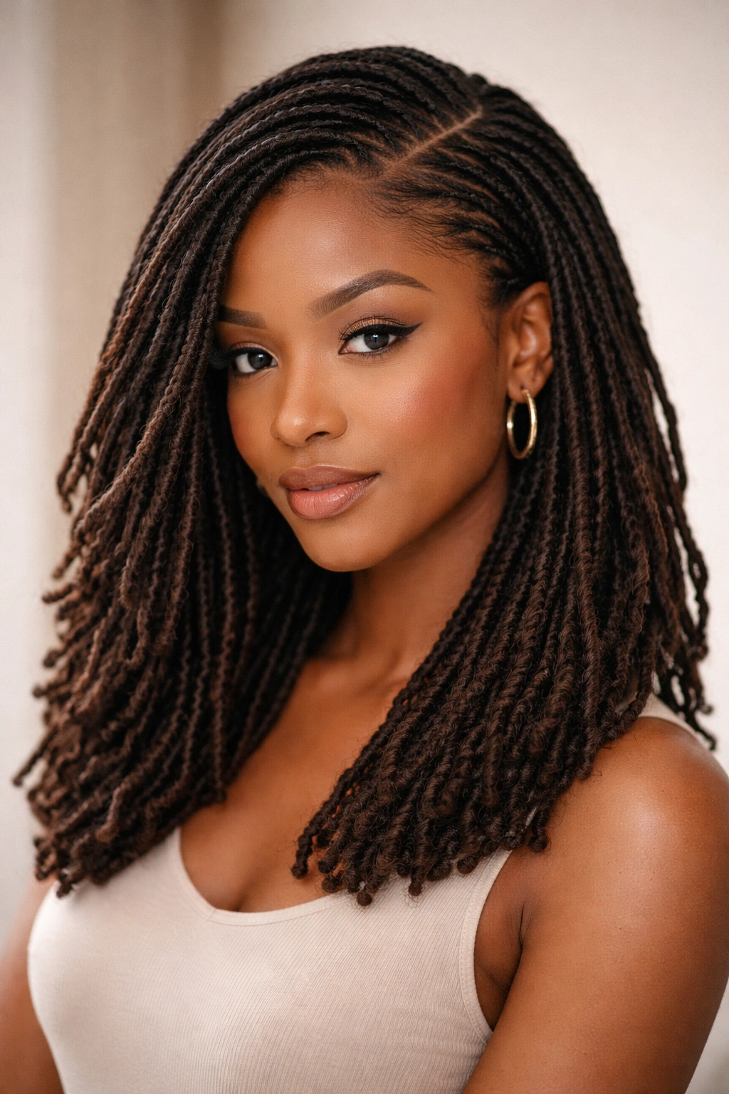 Close-up of shoulder-length locs with a deep side part showing scalp and texture