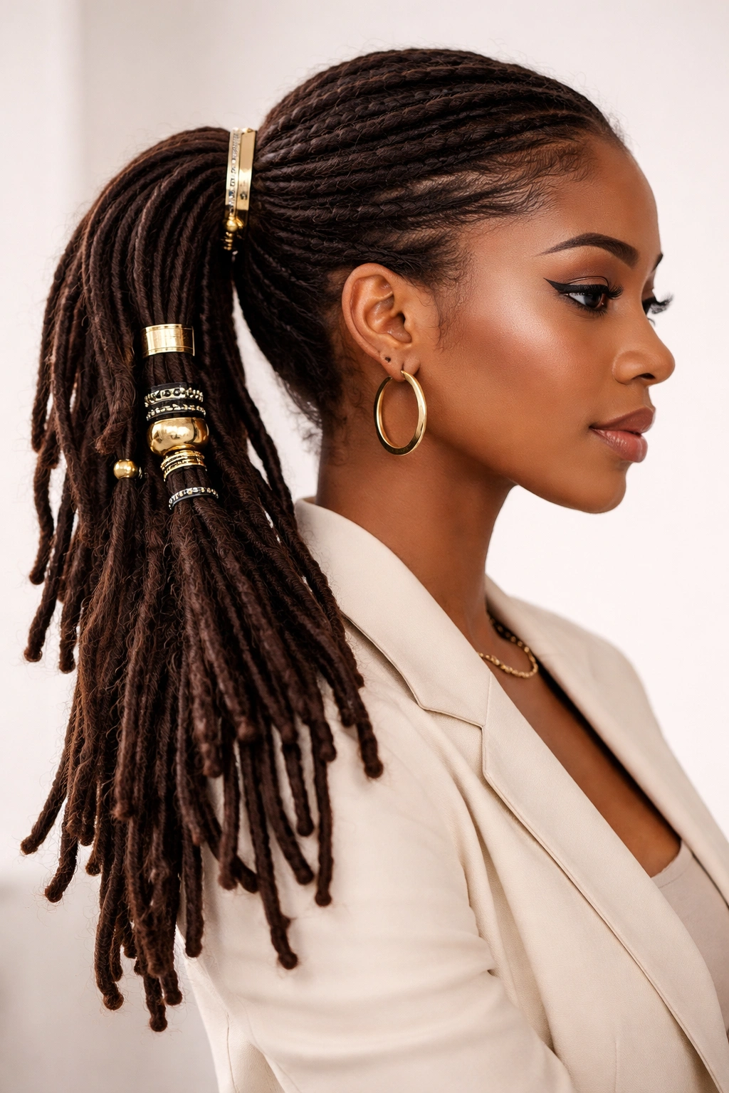 Side profile of locs in a side ponytail with layered accessories