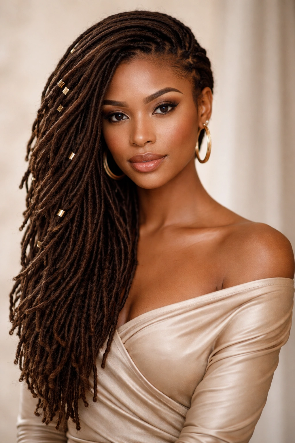 Portrait of side-swept locs with dramatic asymmetrical flow.