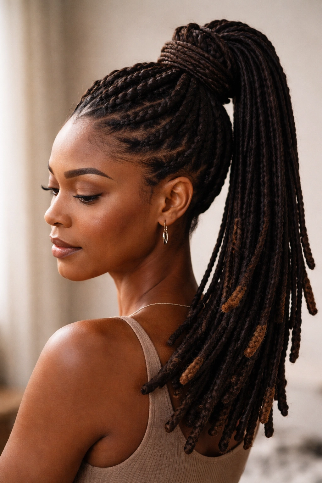 15 Protective Styles That Still Look Put Together 9 Locs styled into a high ponytail with wrapped tips and crown