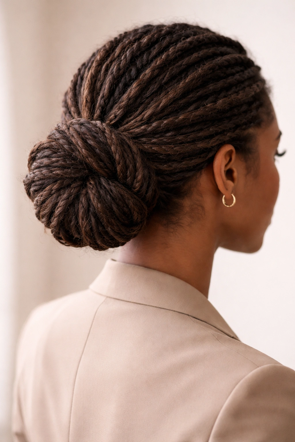 Low twisted bun with visible texture and movement