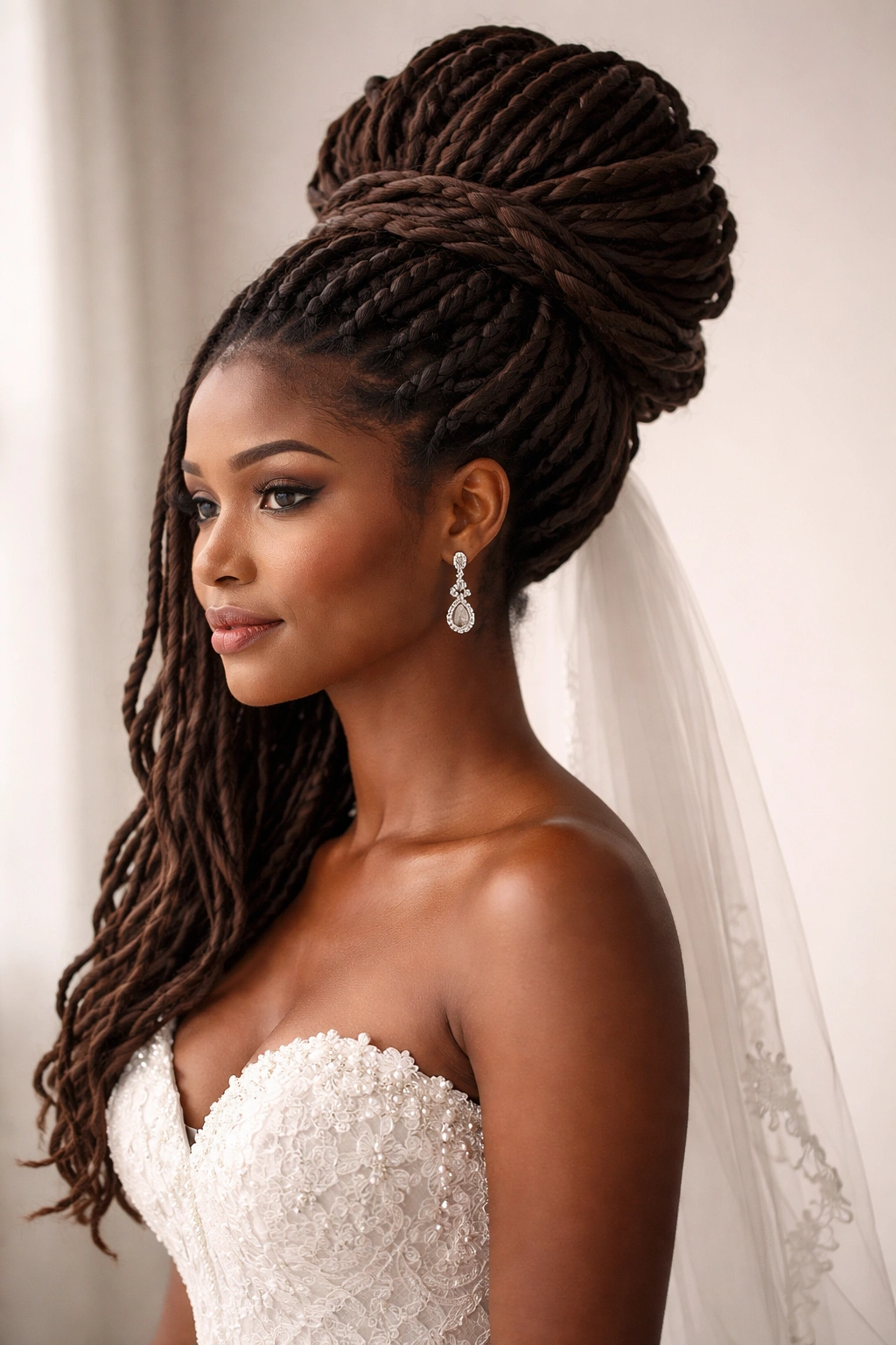 Close-up of locs styled into a dramatic updo showcasing texture and length
