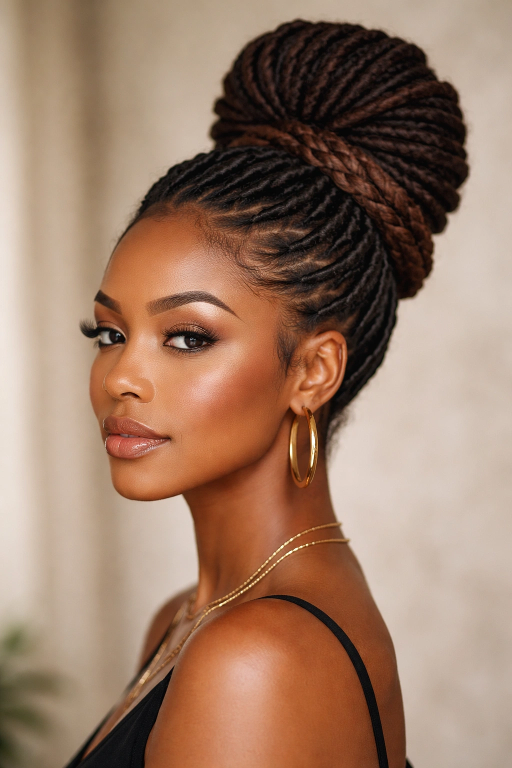 Close-up of a polished loc updo with a bun and braided crown.