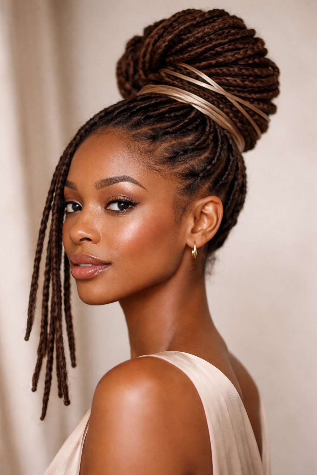 Locs styled into an updo with intentional wrapping details