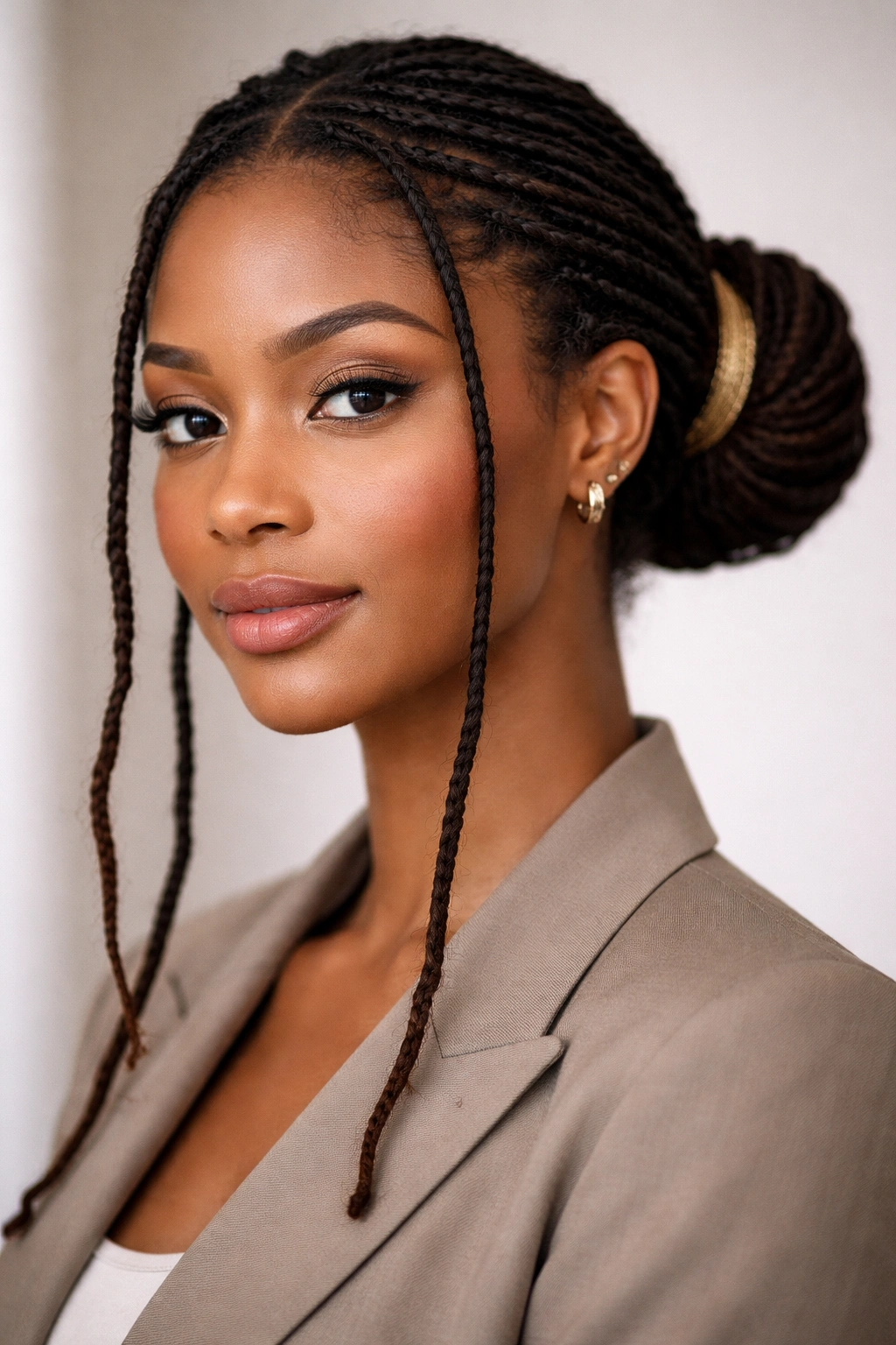 Low bun with framing locs around the face