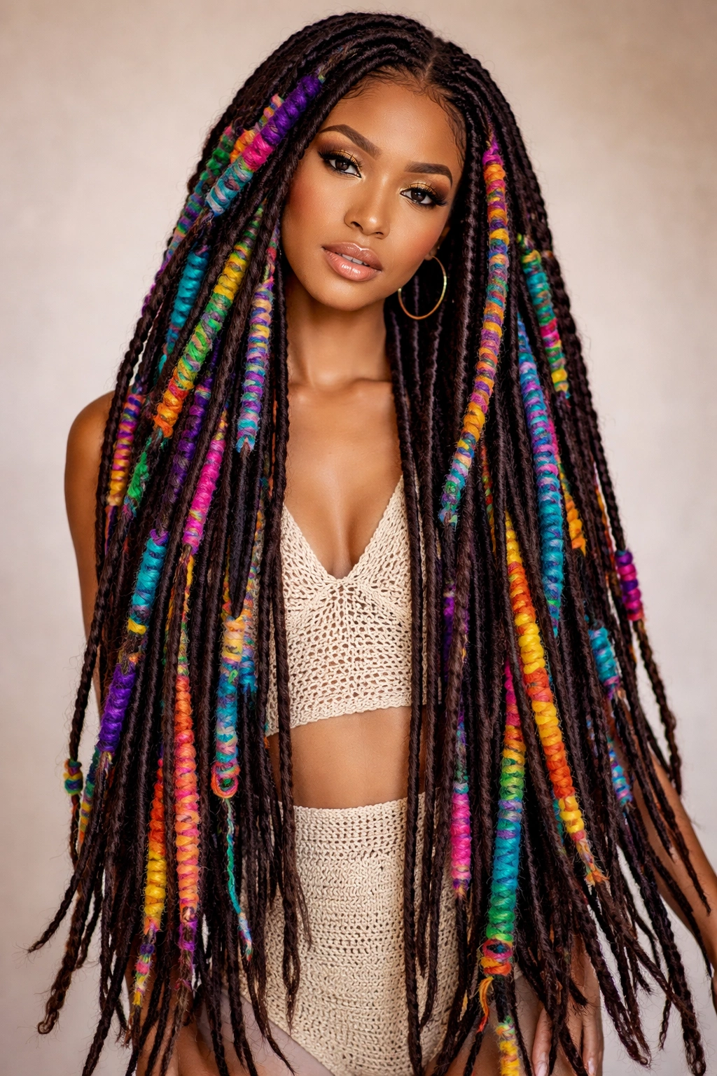 Thigh-length locs wrapped with chunky colorful yarn