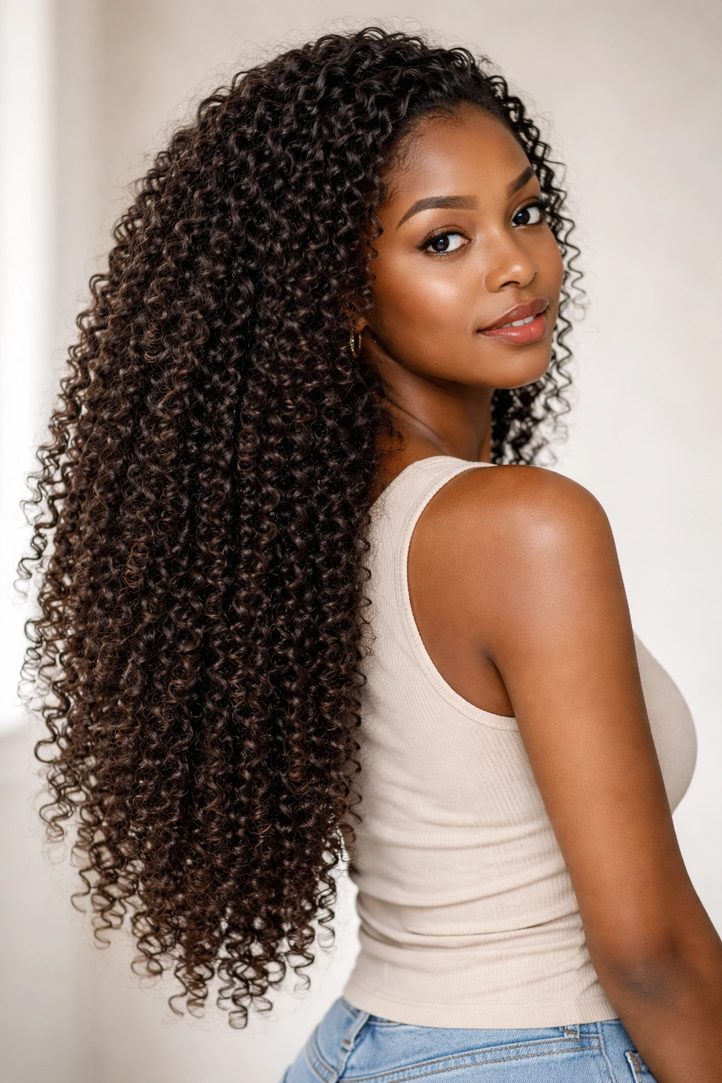 Long, defined 4A curls cascading over shoulders in a neutral studio.