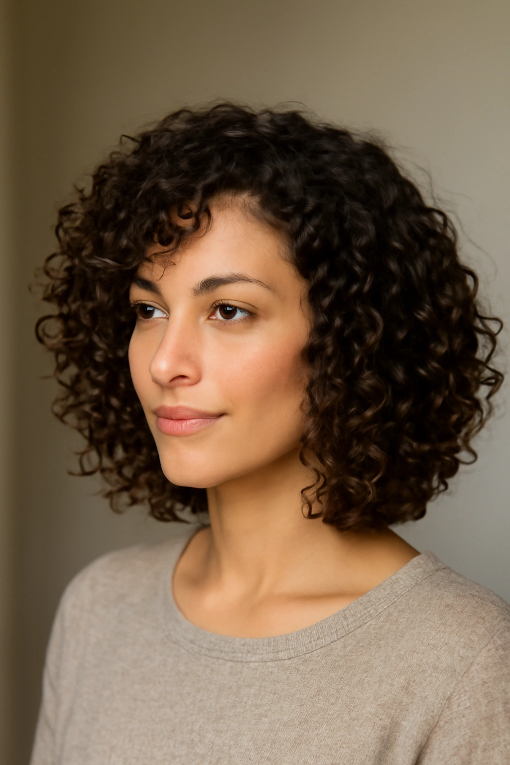 12 Angled Bob Cuts That Flatter Natural Curls 9 Head-and-shoulders shot of a long angled lob on curly hair.