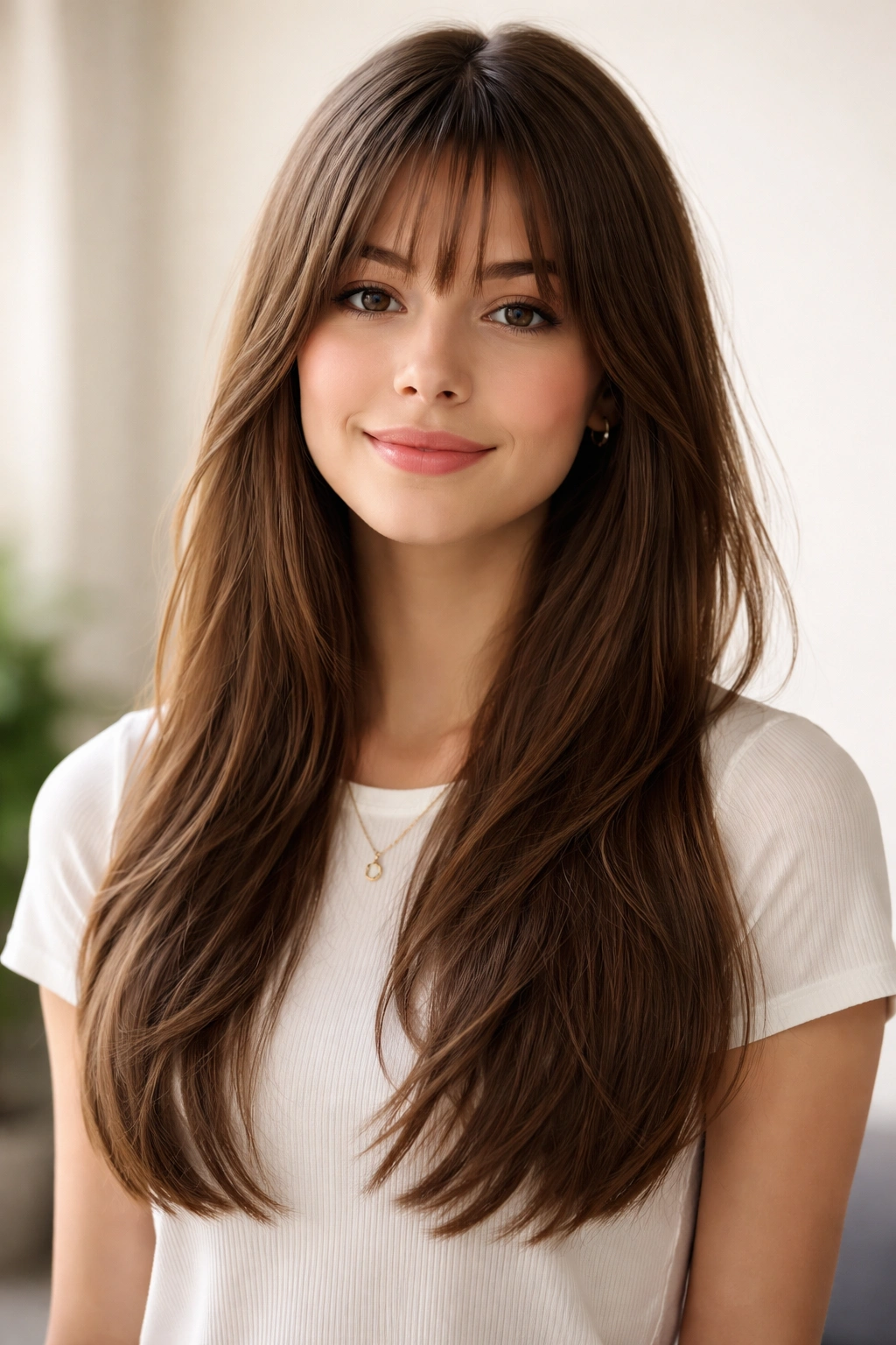 Hair worn straight down with long bangs in a natural pose