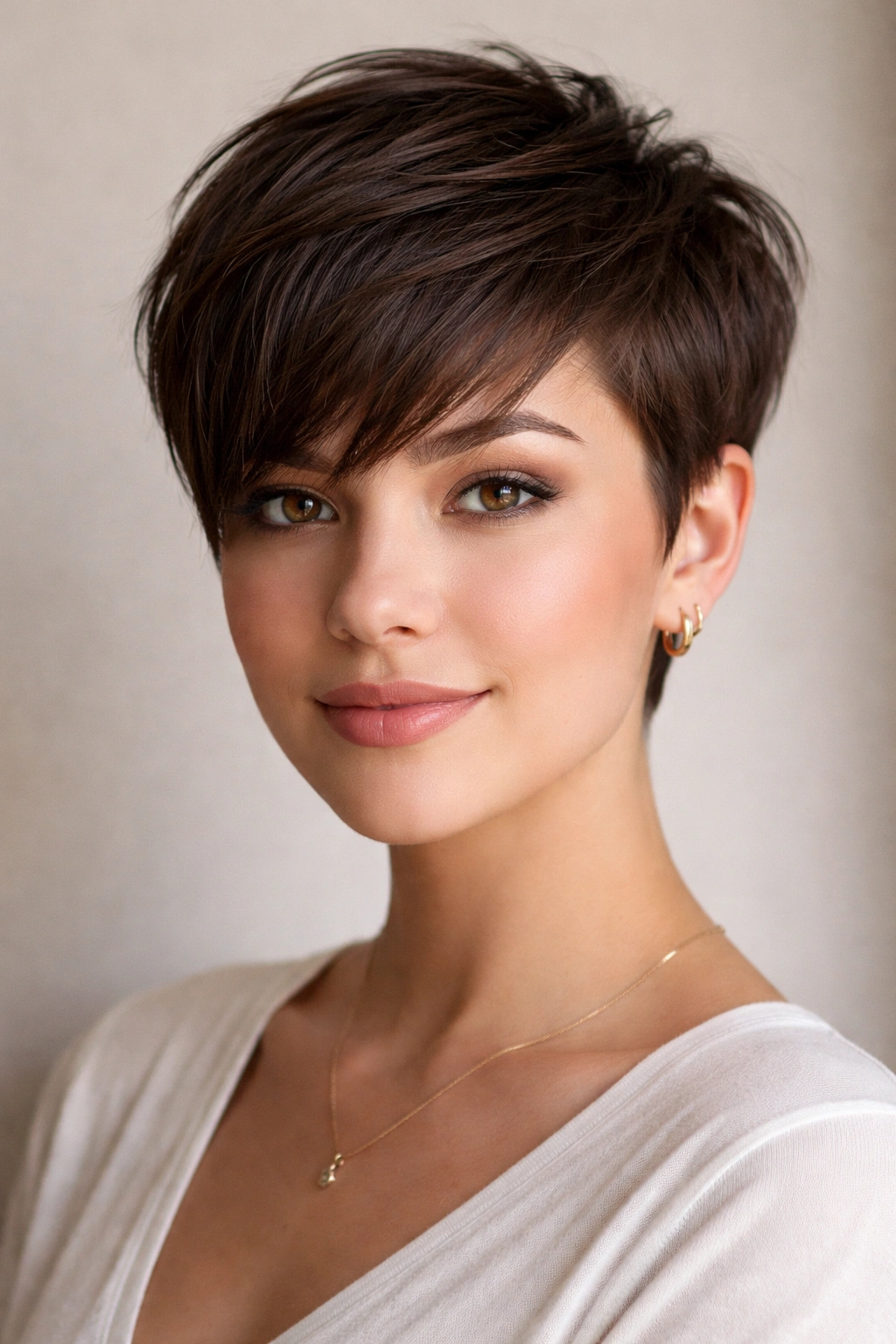 15 Pixie Cuts That Suit Every Face Shape 10 Portrait of pixie with long textured bangs across forehead on a round face