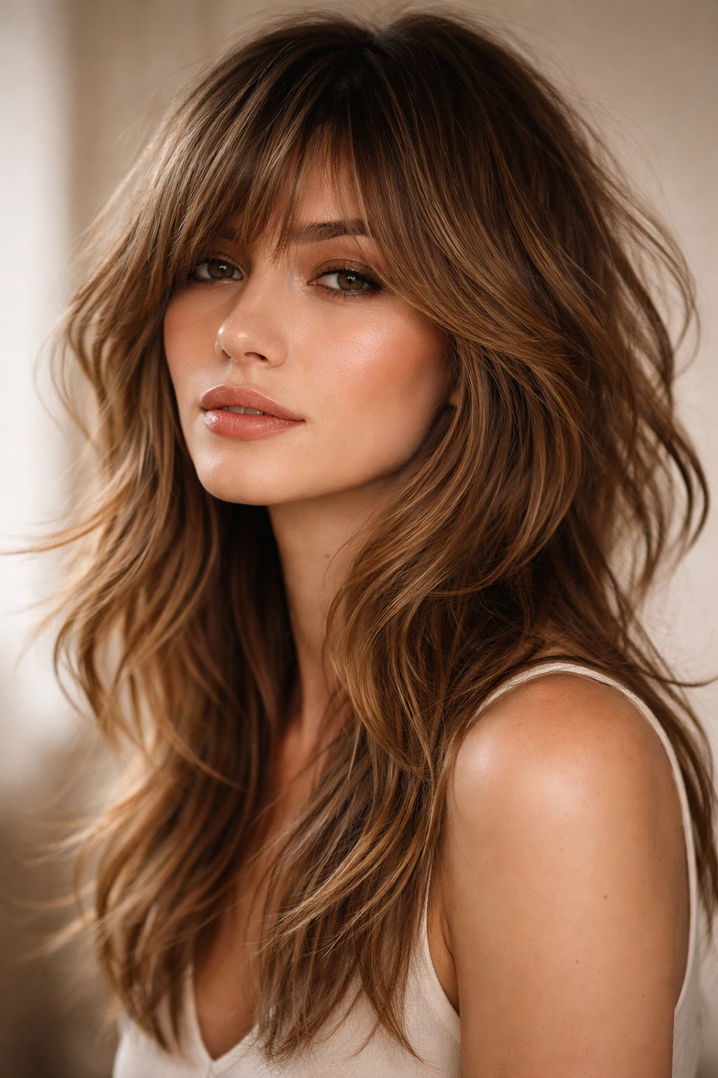 15 Shag Haircuts That Give Fine Hair More Body 9 Close-up headshot of a shag with longer side-swept bangs blending into layers