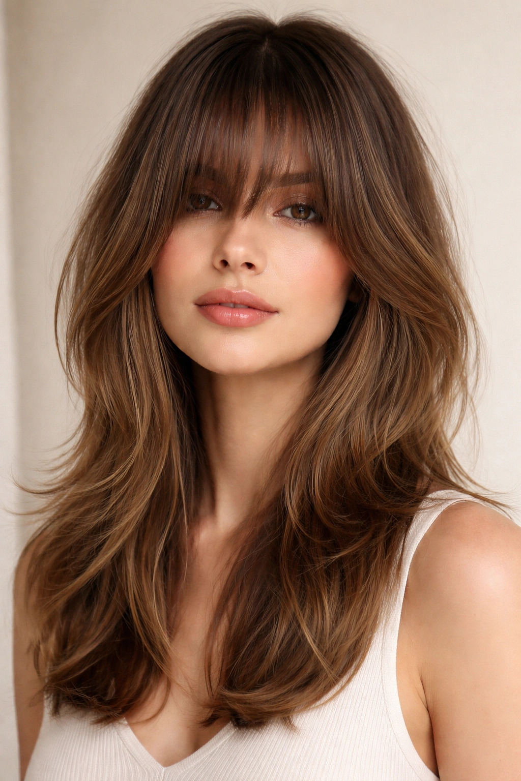Long bangs extending past the eyes on medium-length hair