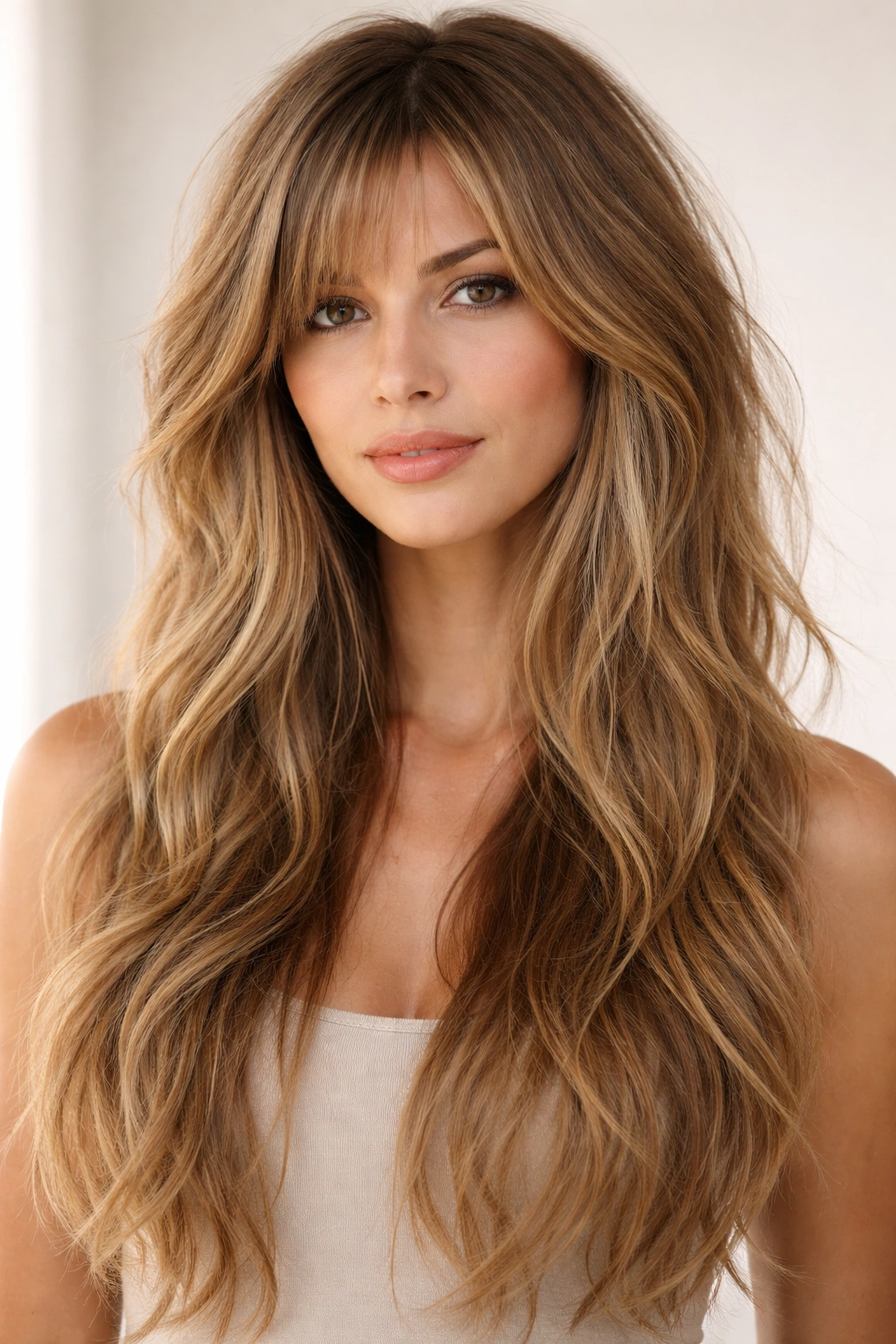 Long waist-length beachy shag with side-swept bangs and waves