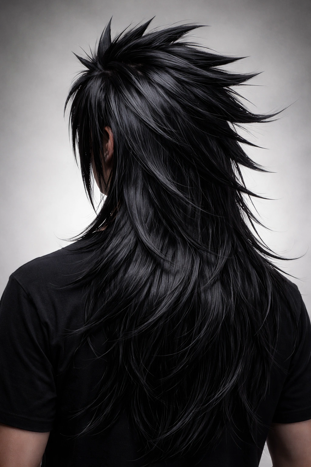 Back/three-quarter view of long black hair mid-back with dramatic spikes