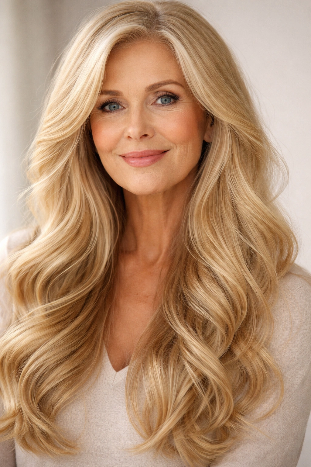 Close-up of long blonde hair with natural waves, shine and depth
