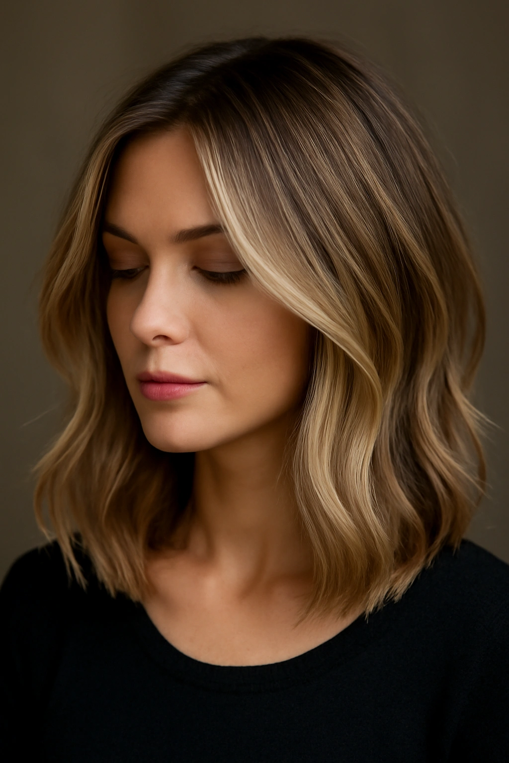 12 Medium Length Balayage Haircuts That Look Amazing 1 Close-up of a shoulder-length long bob with dimensional balayage highlights showcasing texture.