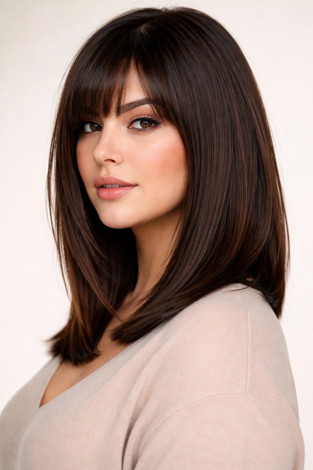 Long bob with below-chin bangs creating angled framing for fuller faces.