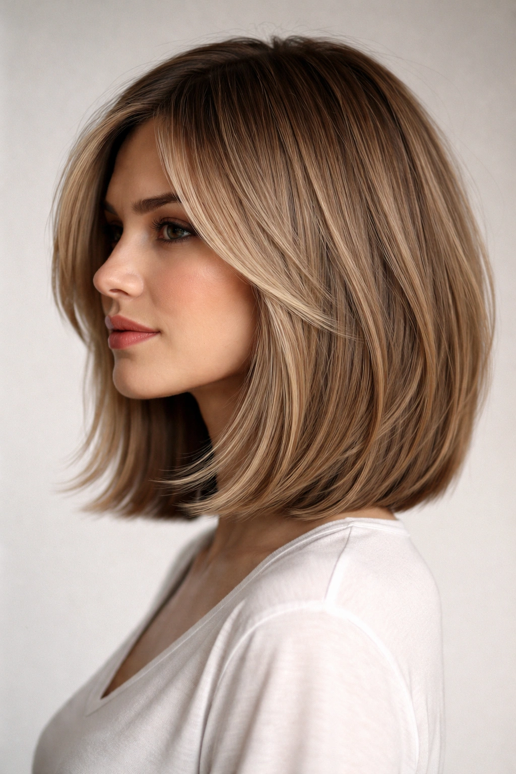 15 Layered Bob Haircuts For Thin And Thick Hair 3 Mid-length lob with blunt ends and interior layers on a model