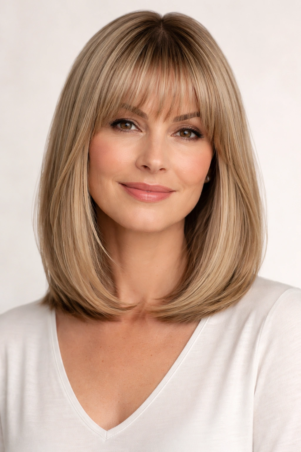 Close-up of a sleek blunt long bob with layered bangs on a model