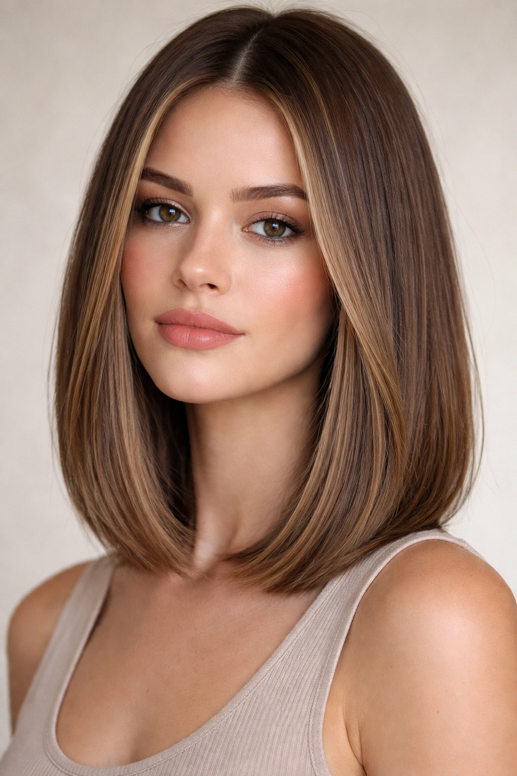 Close-up of a lob hairstyle showing chin-to-shoulder length with blunt ends and subtle layers.